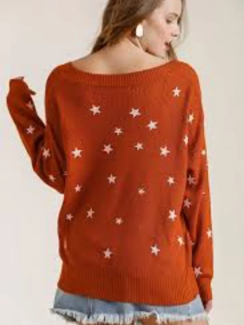 Umgee Star Print V-Neck Sweater